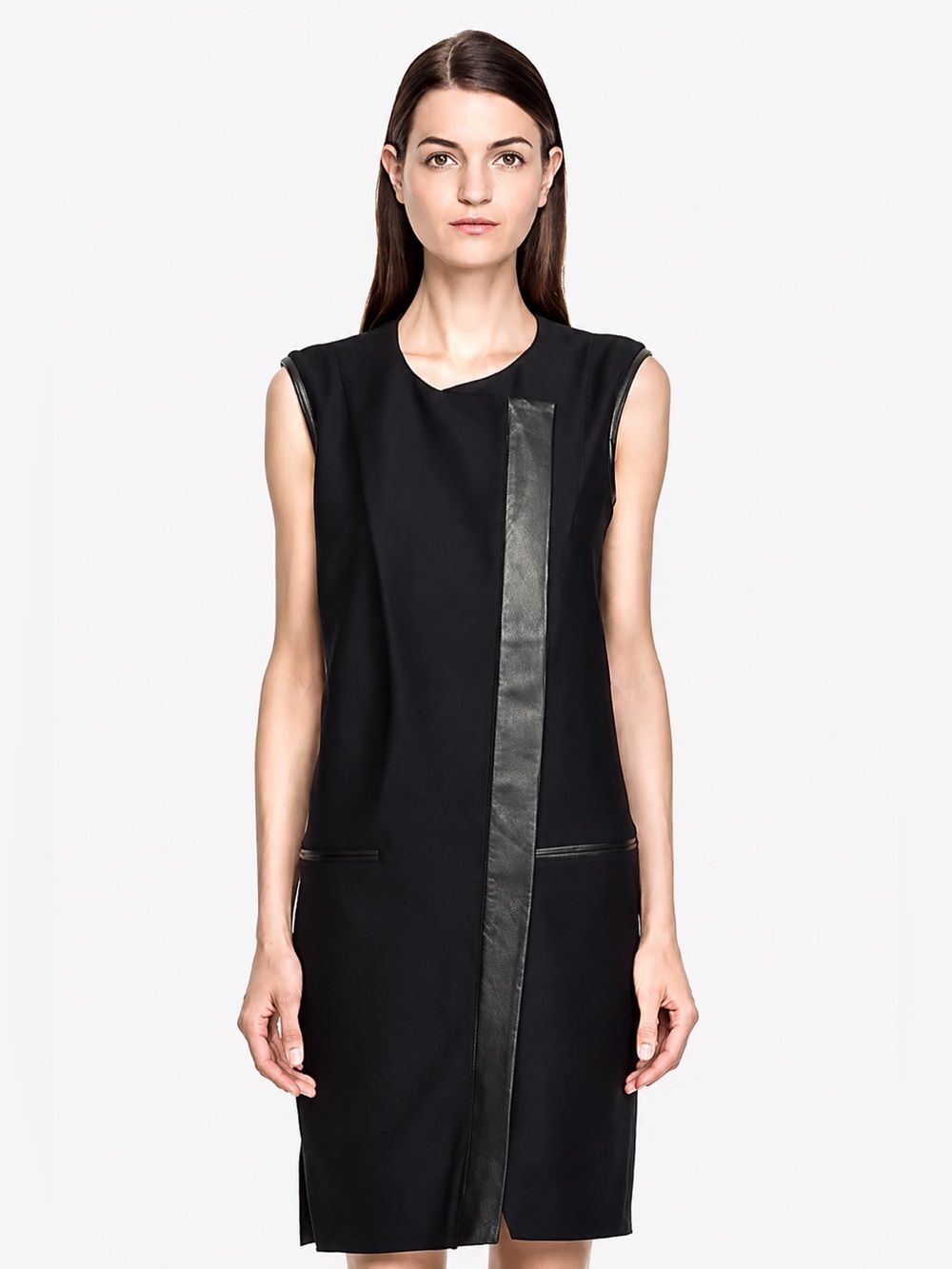 Helmut Lang Lamb Leather Trim Wool Blend Black Sleeveless Zip Dress Size 6